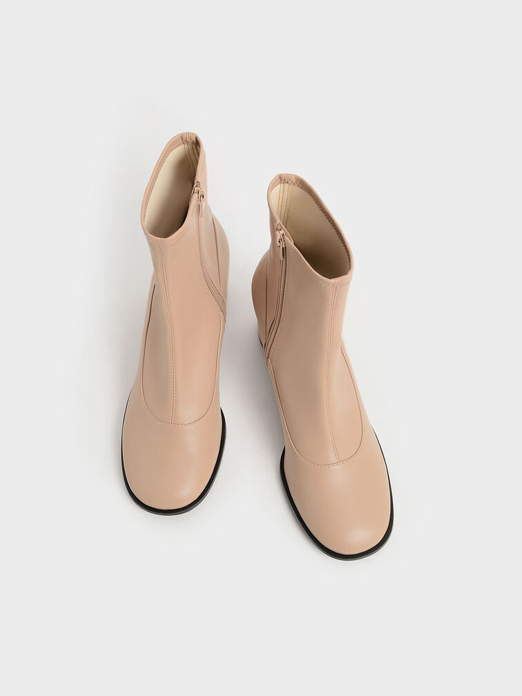 Block Heel Side-Zip Ankle Boots, Beige, hi-res