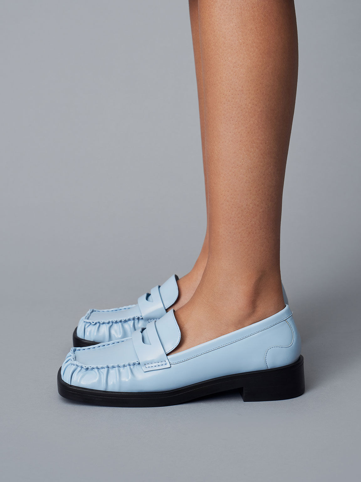 Ruched Square-Toe Loafers, Light Blue, hi-res