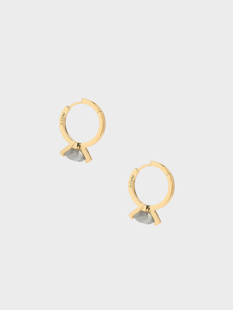 Labradorite Stone Huggie Hoop Earrings, Gold, hi-res