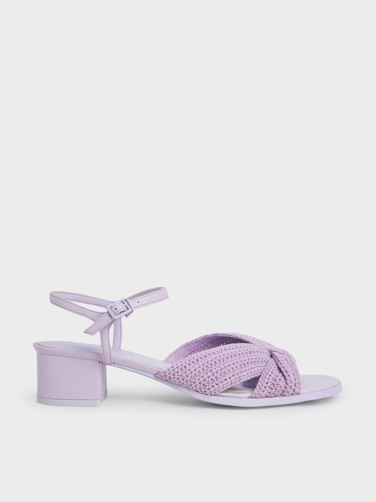 Knitted Block Heel Sandals, Lilac, hi-res