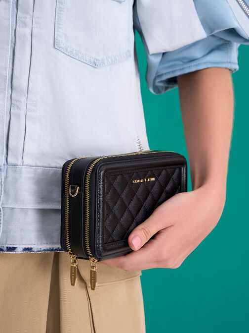 Quilted Boxy Long Wallet, Black, hi-res