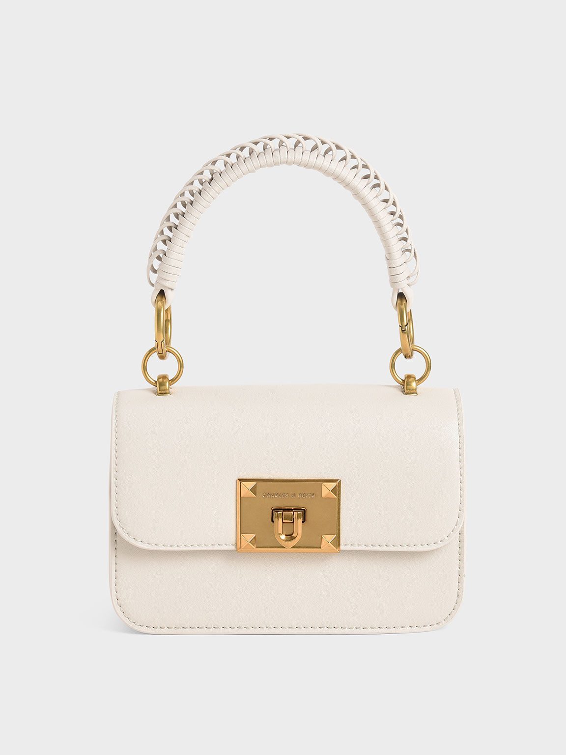 Canvas Metallic Turn-Lock Bag, Ivory, hi-res
