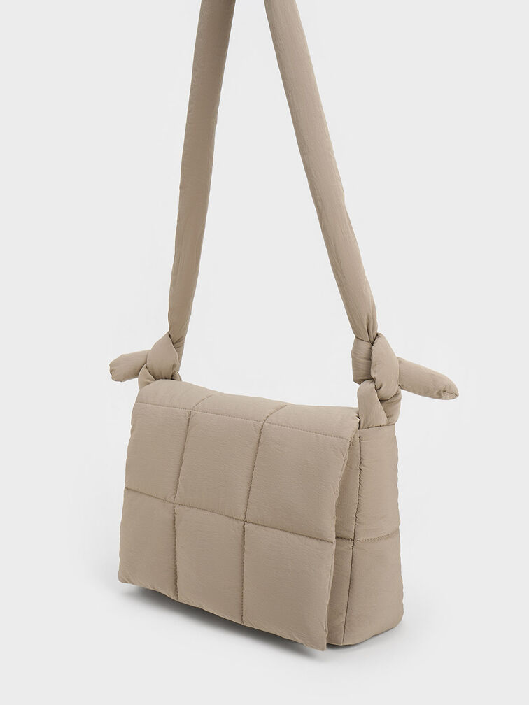 Taupe Errya Nylon Quilted Puffy Crossbody Bag - CHARLES & KEITH