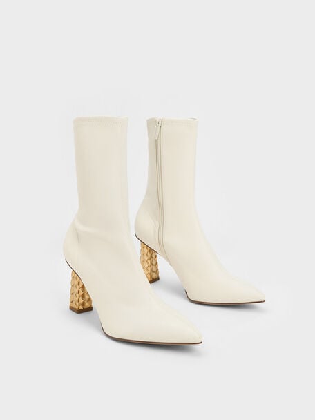 Pointed-Toe Quilted Heel Ankle Boots, Chalk, hi-res