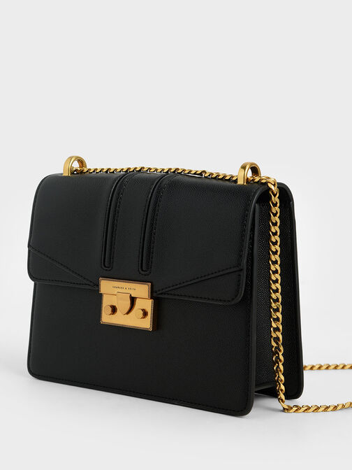 Metallic Push-Lock Shoulder Bag, Black, hi-res