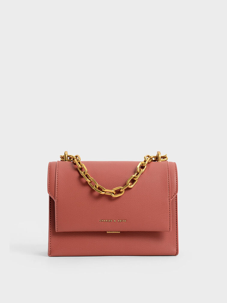 Front Flap Chain Handle Crossbody Bag, Brick, hi-res