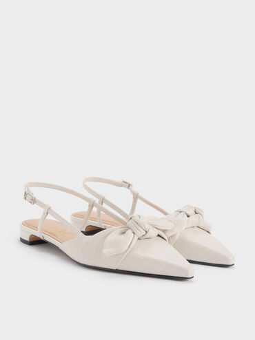 Sapatos Jayce Rasos Slingback em Couro com Efeito Enrugado e Laço com Nó, White, hi-res
