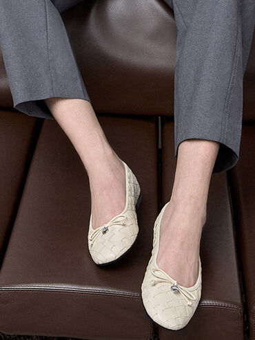Woven Bow Ballet Flats, Chalk, hi-res