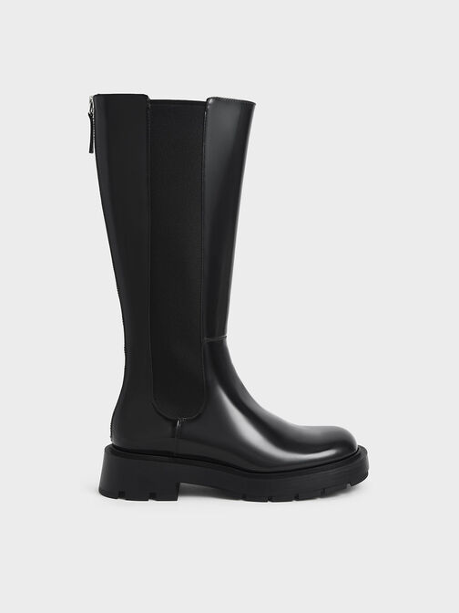 Zip-Up Chelsea Knee Boots, Black, hi-res