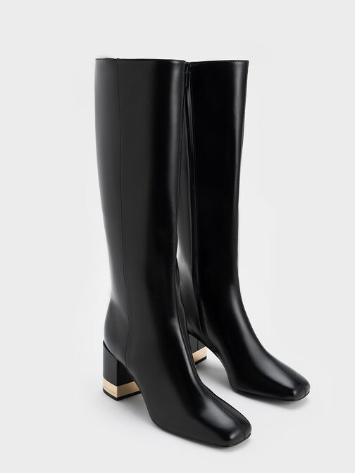 Metallic Accent Block Heel Knee-High Boots, Black, hi-res