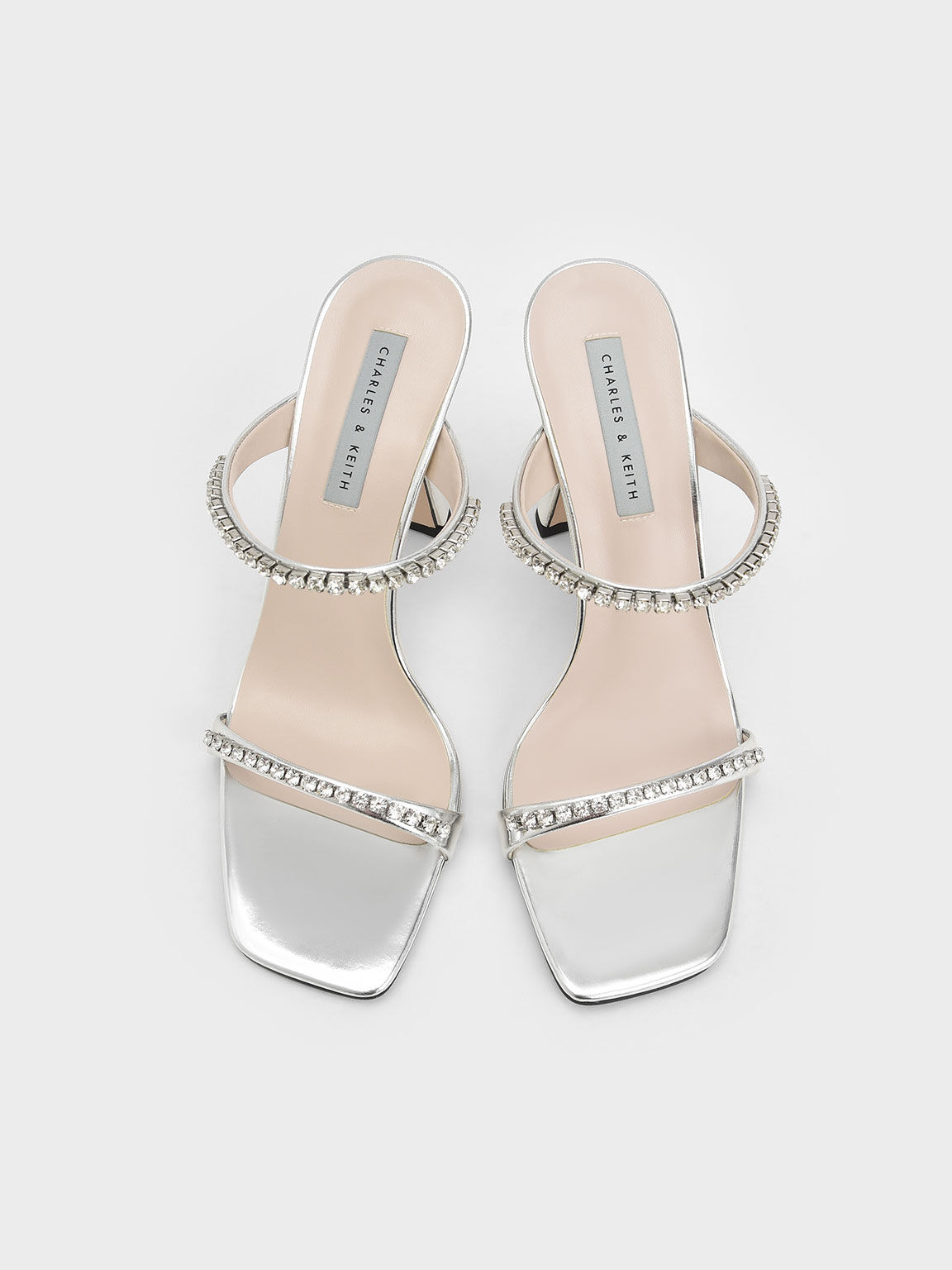 Metallic Gem-Encrusted Heeled Sandals, Silver, hi-res