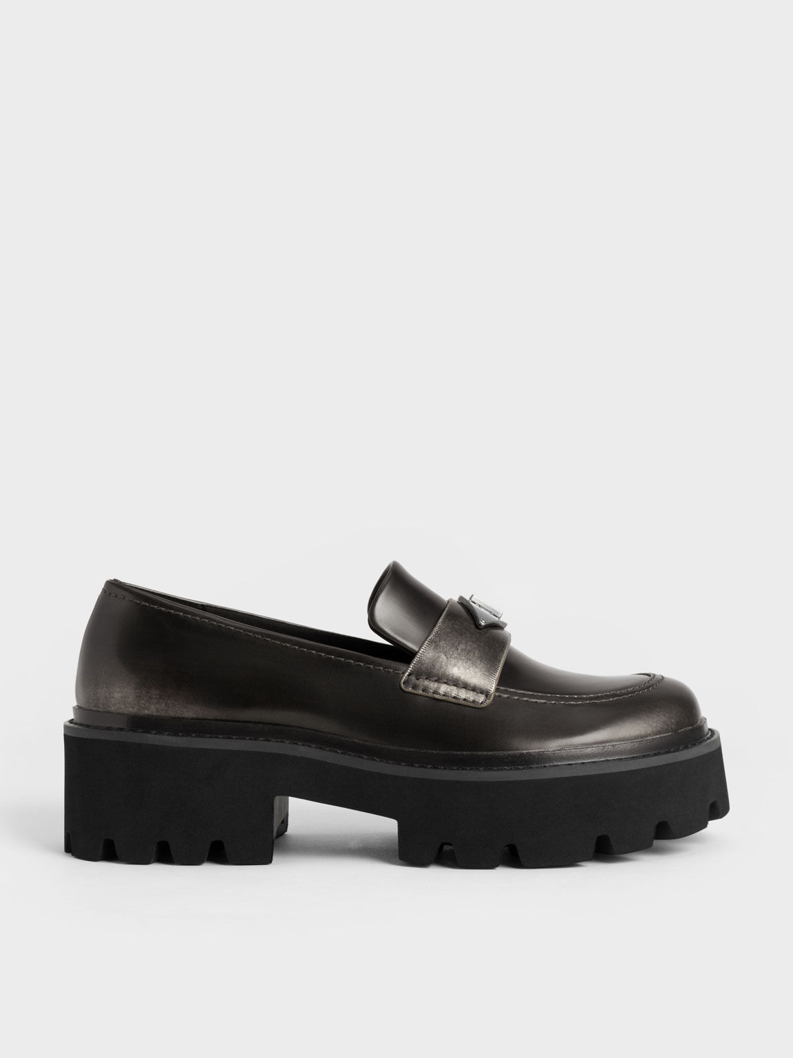 Metallic Accent Chunky Platform Penny Loafers, Black Textured, hi-res