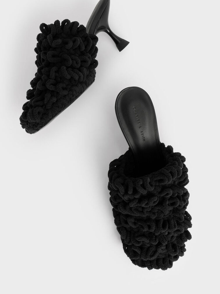Textured Spool Heel Mules, Black, hi-res