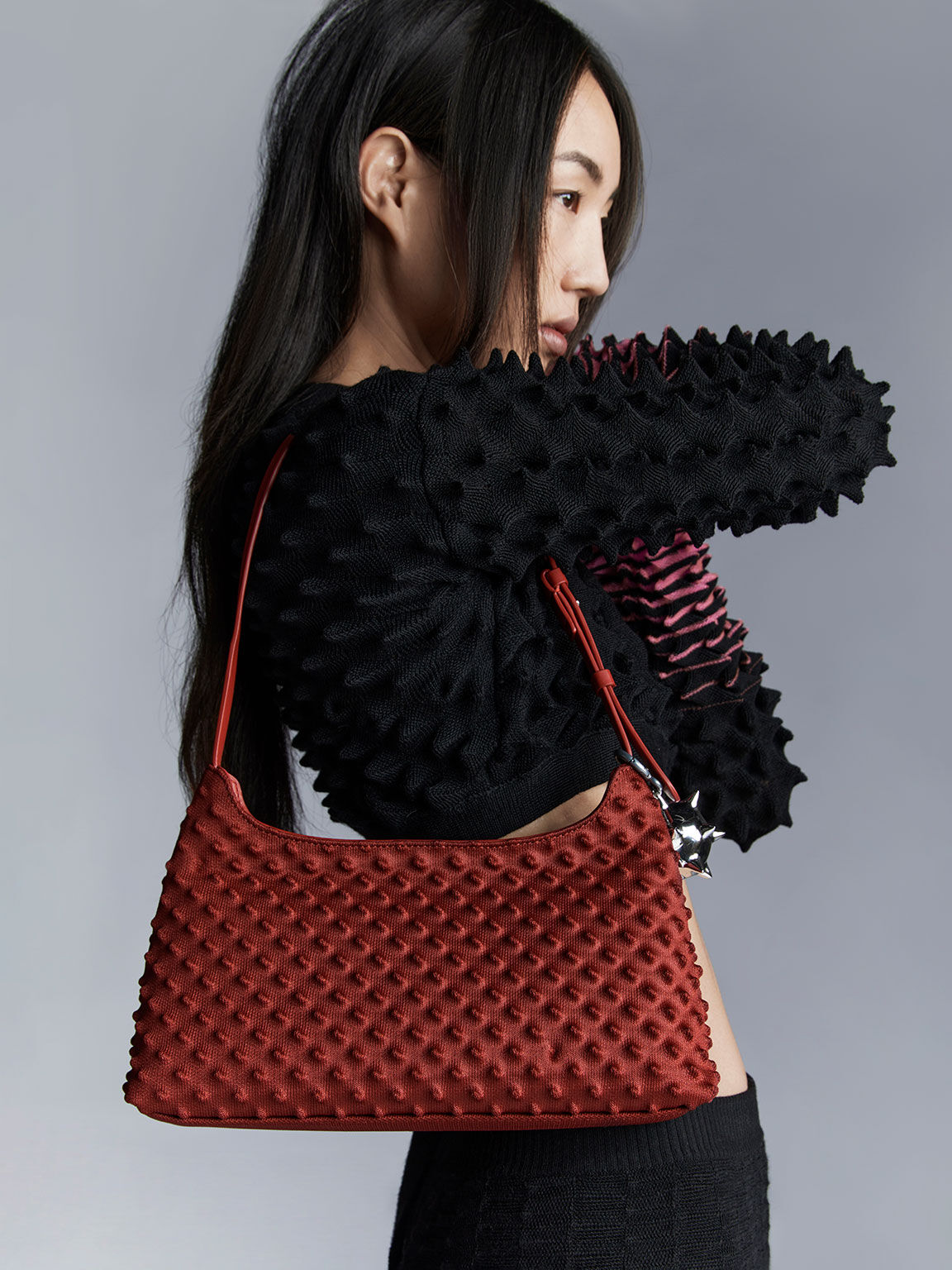 Red Spike Textured Shoulder Bag CHARLES KEITH SG