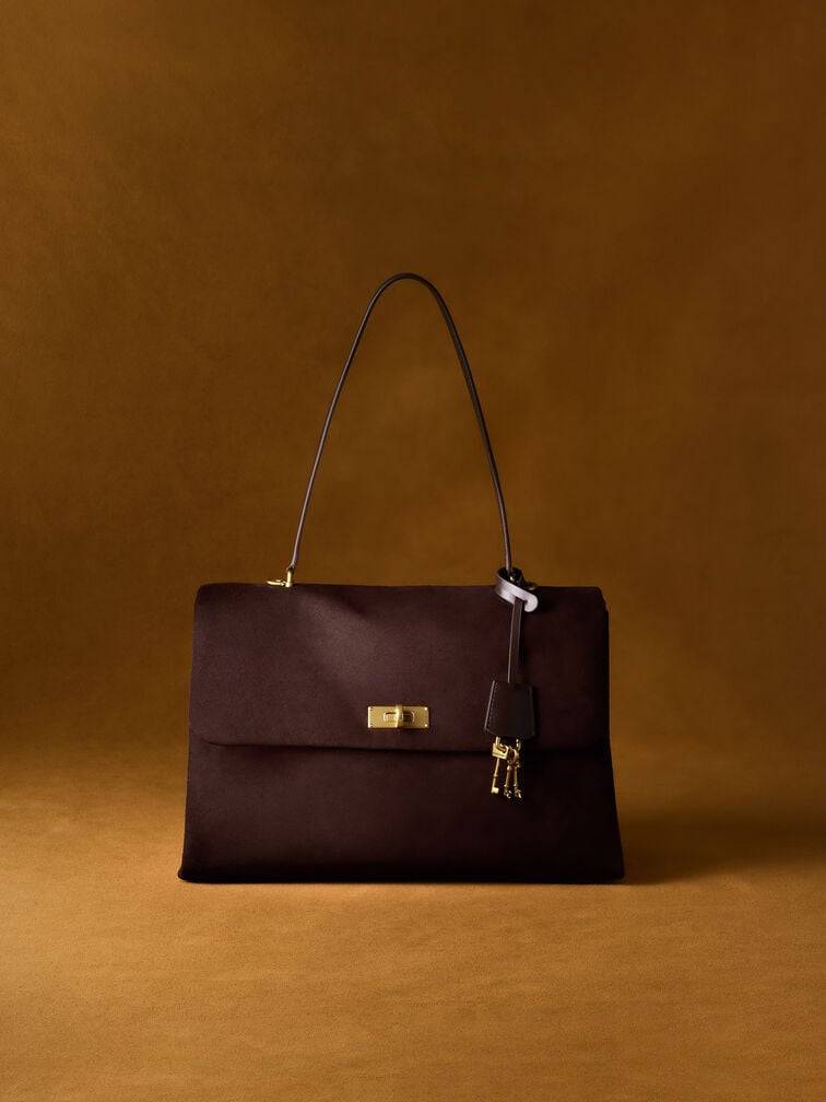 Kerry Recycled Suede Top Handle Satchel Bag, Espresso Brown, hi-res