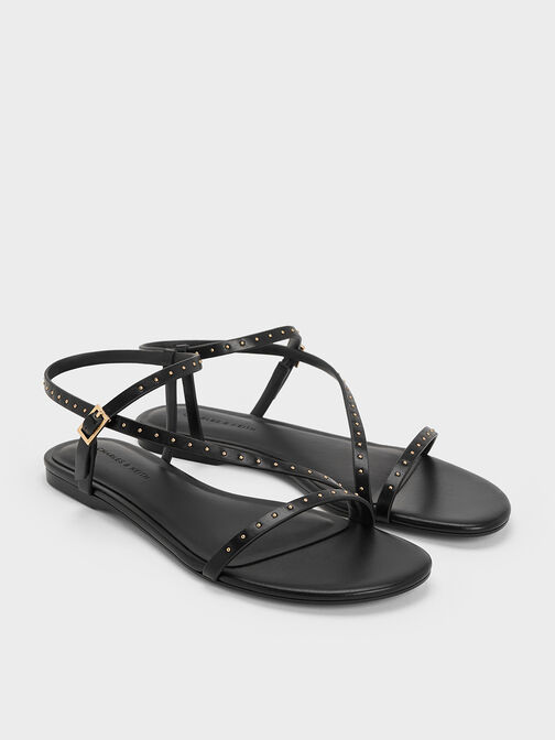 Studded Ankle-Strap Sandals, Black, hi-res