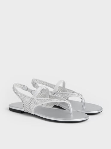 Ellory Mesh Thong Slingback Sandals, Silver, hi-res