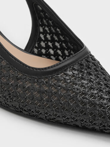Raffia Sculptural-Heel Slingback Pumps, Black Textured, hi-res