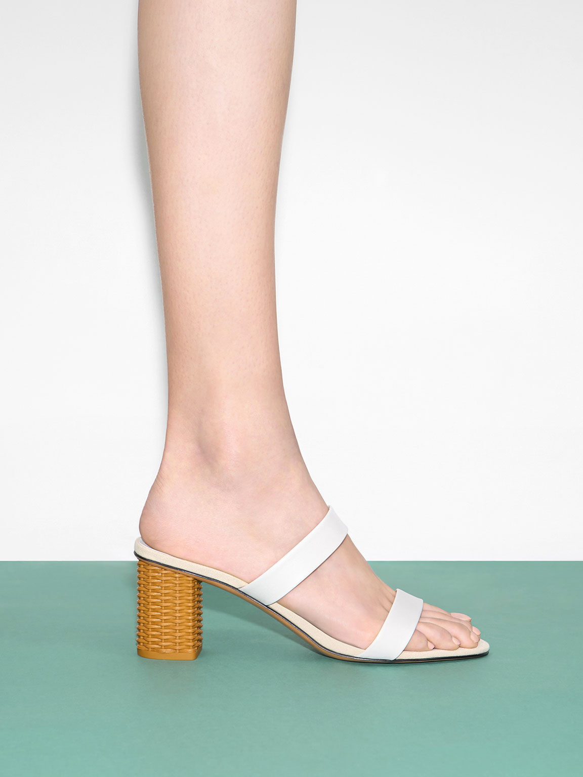 White Rattan Block Heel Sandals - CHARLES & KEITH KR