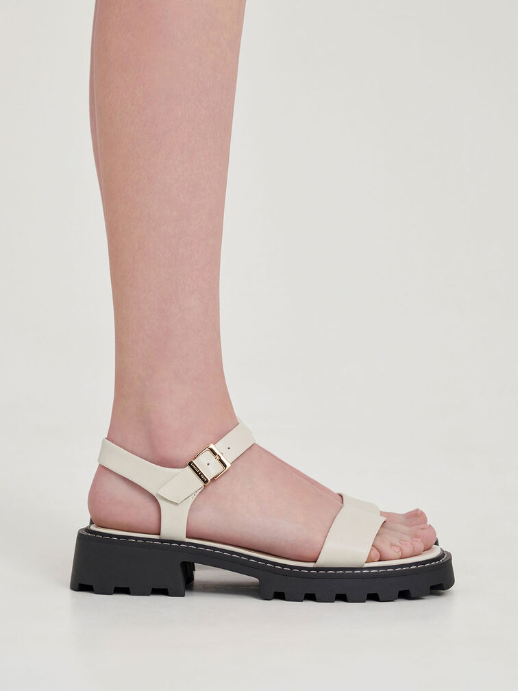 Stitch-Trim Buckled Sandals, White, hi-res
