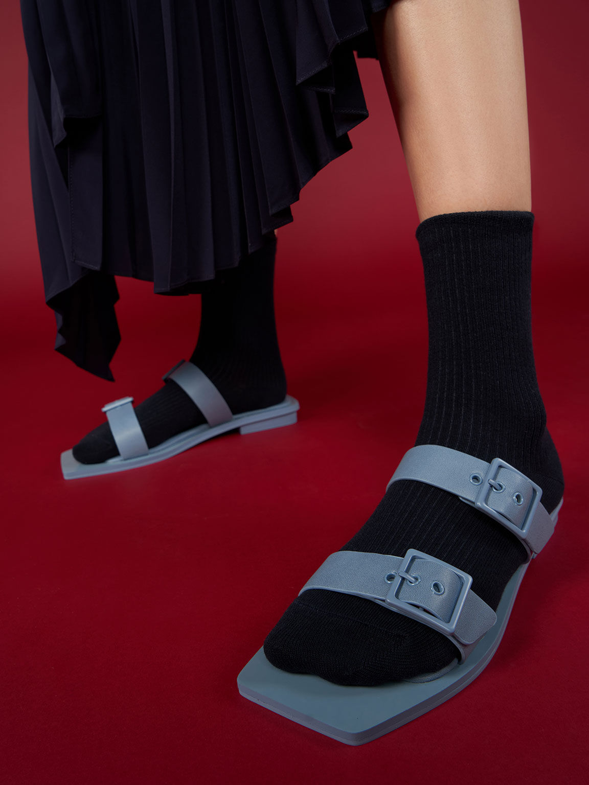 Square Toe Buckled Slide Sandals, Blue, hi-res