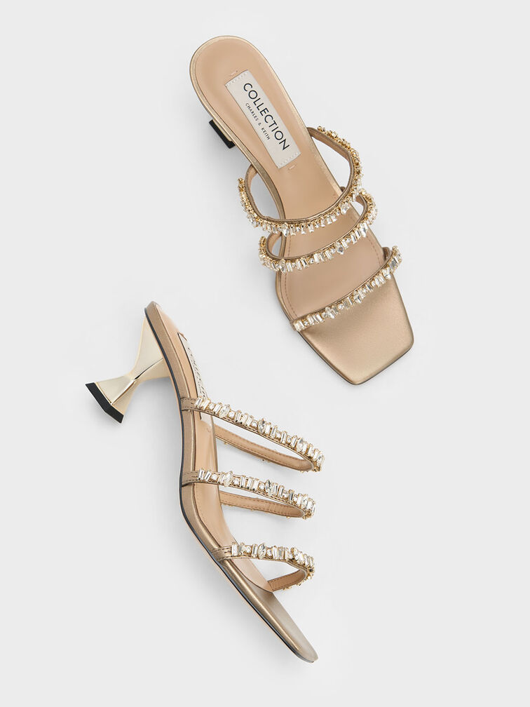 Gem-Encrusted Metallic Strappy Sandals, Gold, hi-res