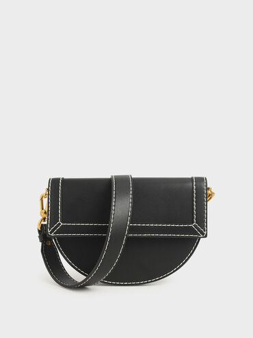 Front Flap Semi-Circle Crossbody Bag, Black, hi-res