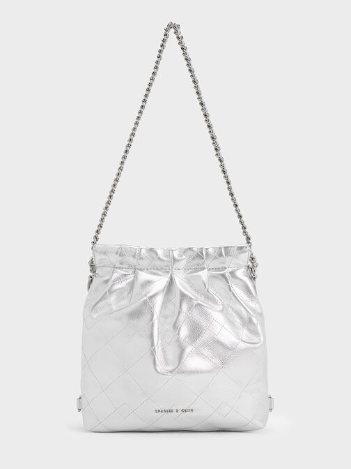 Duo Metallic Chain-Handle Two-Way Backpack, Silver, hi-res