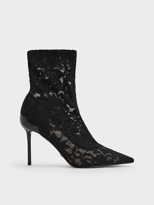 Lace & Mesh Ankle Boots, Black Textured, hi-res