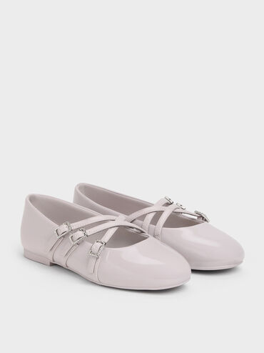 Girls' Patent Triple-Strap Mary Jane Flats, Lilac, hi-res
