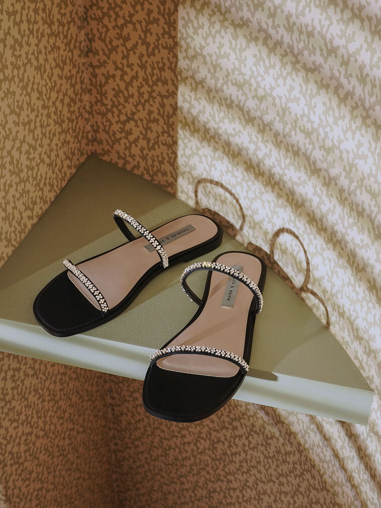 Gem-Encrusted Strappy Slide Sandals, Black, hi-res