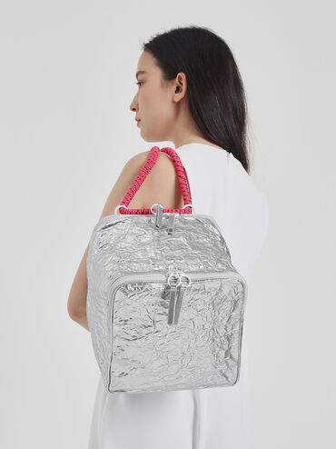 Rope Handle Wrinkled Effect Metallic Backpack, Silver, hi-res