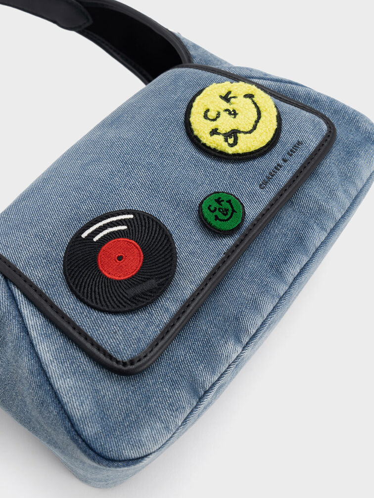 Buzz Embroidered Patch Front Flap Hobo Bag, Denim Blue, hi-res