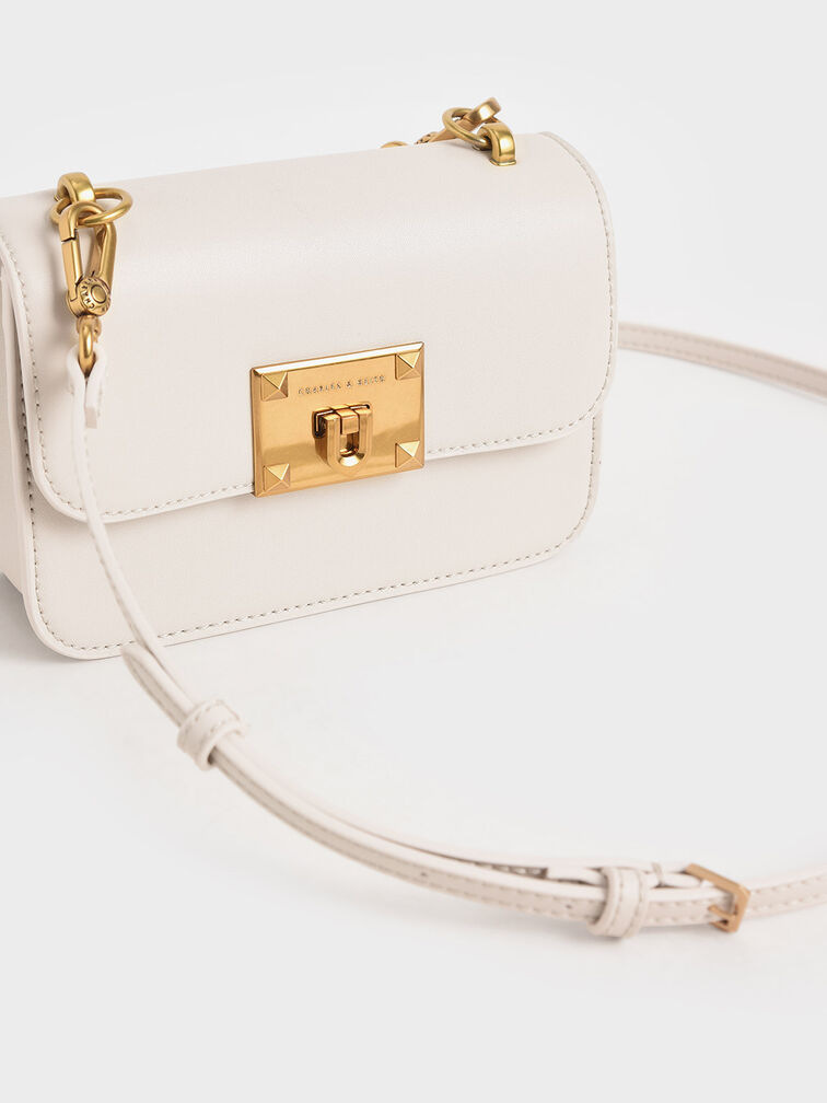 Canvas Metallic Turn-Lock Bag, Ivory, hi-res