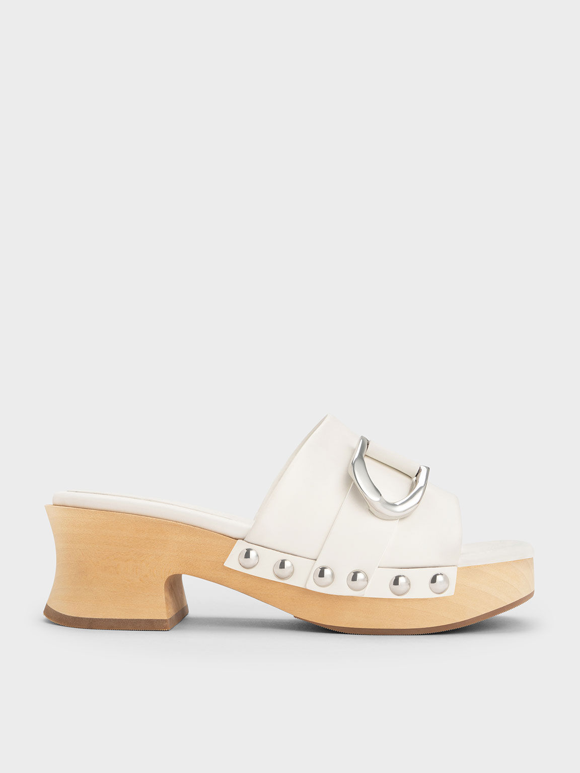 Charles Keith Gabine Studded Leather Open Toe Clogs White US 10
