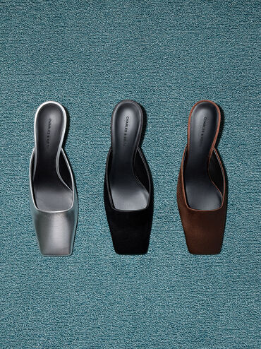 Satin Square-Toe Blade-Heel Mules, Black Textured, hi-res