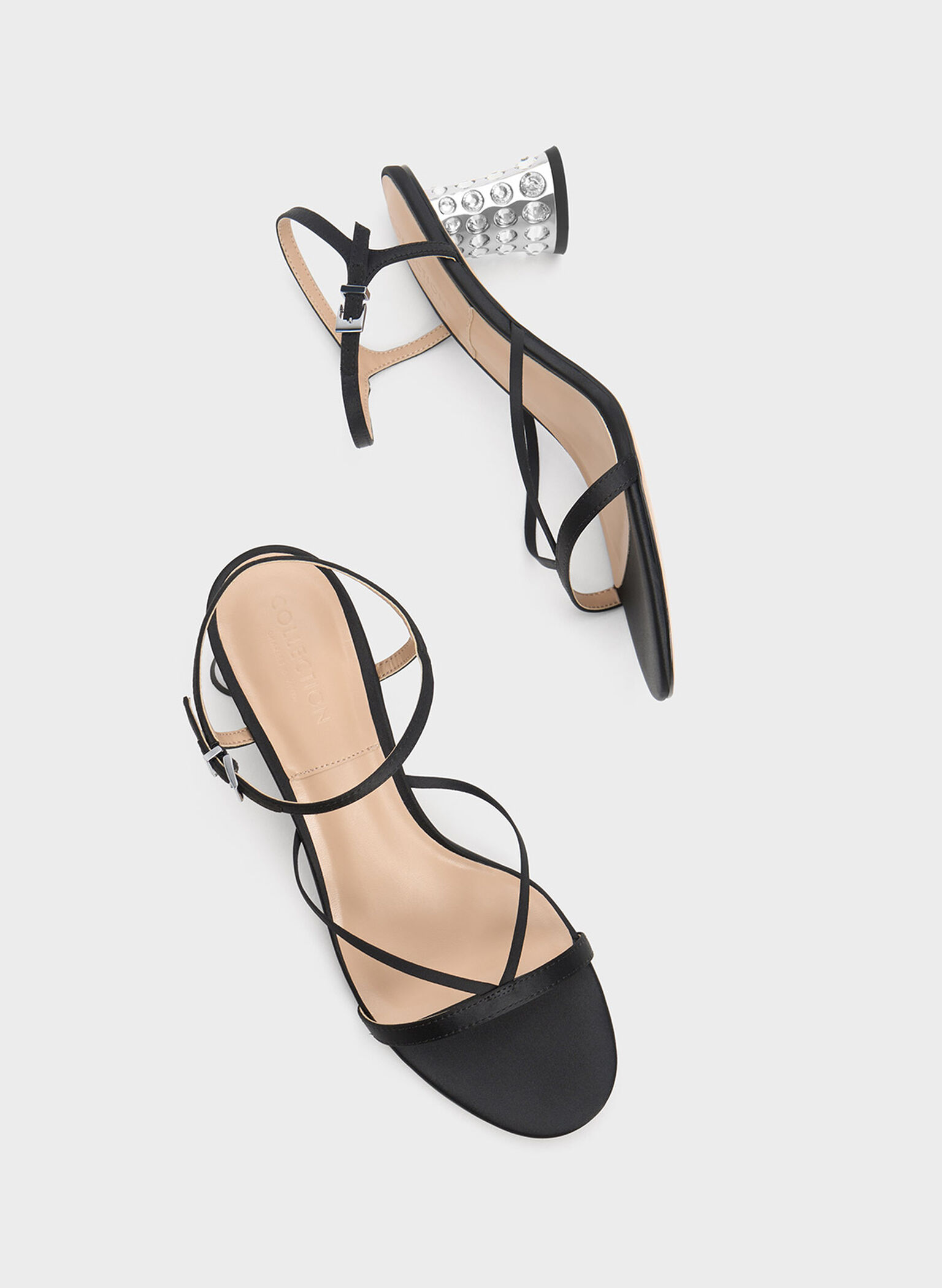 Embellished Heel Recycled Polyester Sandals, Black, hi-res
