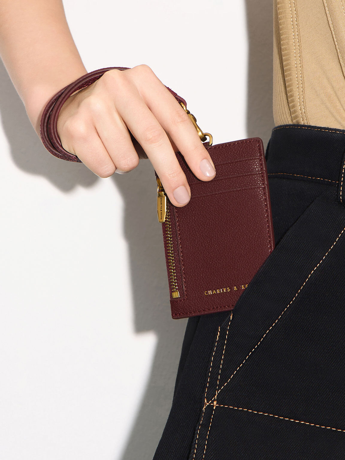Side Zip Card Holder, Burgundy, hi-res
