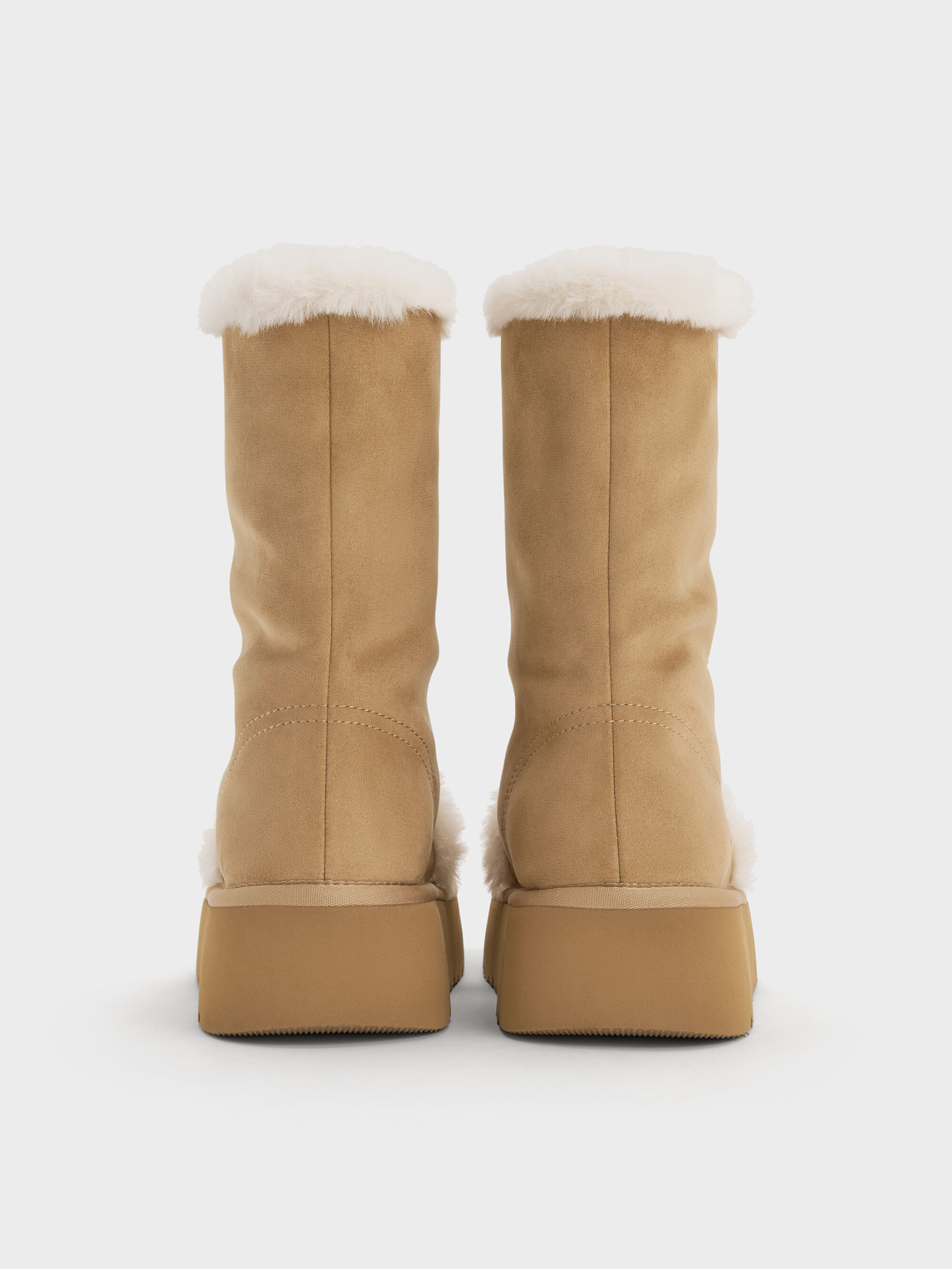 Sand Faux Suede & Faux Fur Foldover Flatform Boots - CHARLES