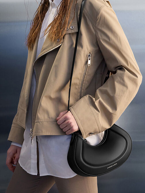Petra Grommet-Strap Curved Shoulder Bag, Noir, hi-res