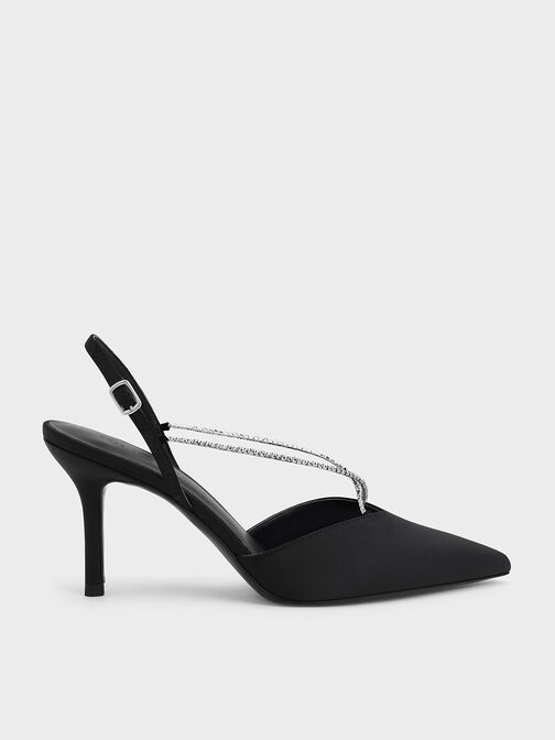 Adel Recycled Polyester Gem-Strap Slingback Pumps, Black, hi-res