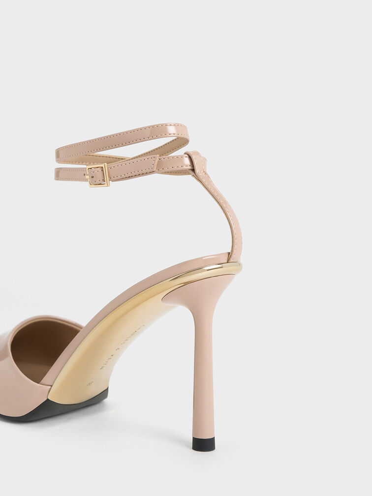 Nude Patent Pointed-Toe Ankle-Strap Pumps - CHARLES & KEITH SG