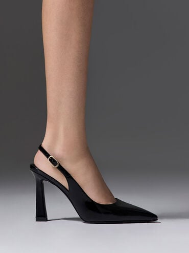 Patent Trapeze Heel Slingback Pumps, Black Patent, hi-res