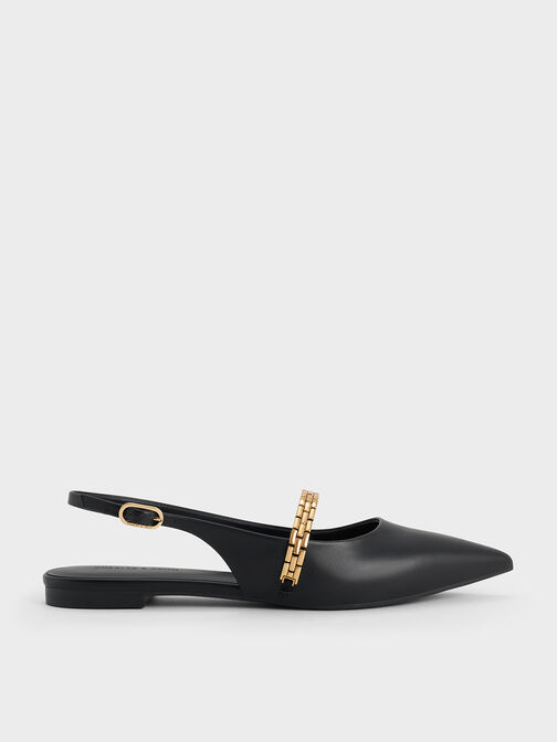 Chain-Strap Pointed-Toe Slingback Flats, Black, hi-res
