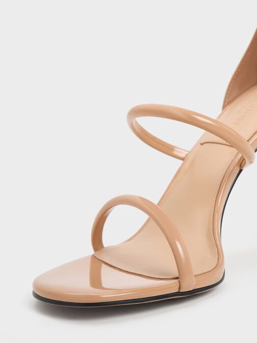 Patent Leather Triple Strap Heeled Sandals, Nude, hi-res