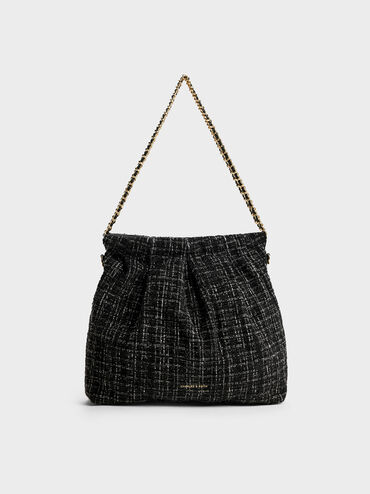 Duo Tweed Double-Chain Hobo Bag, Black Tweed, hi-res