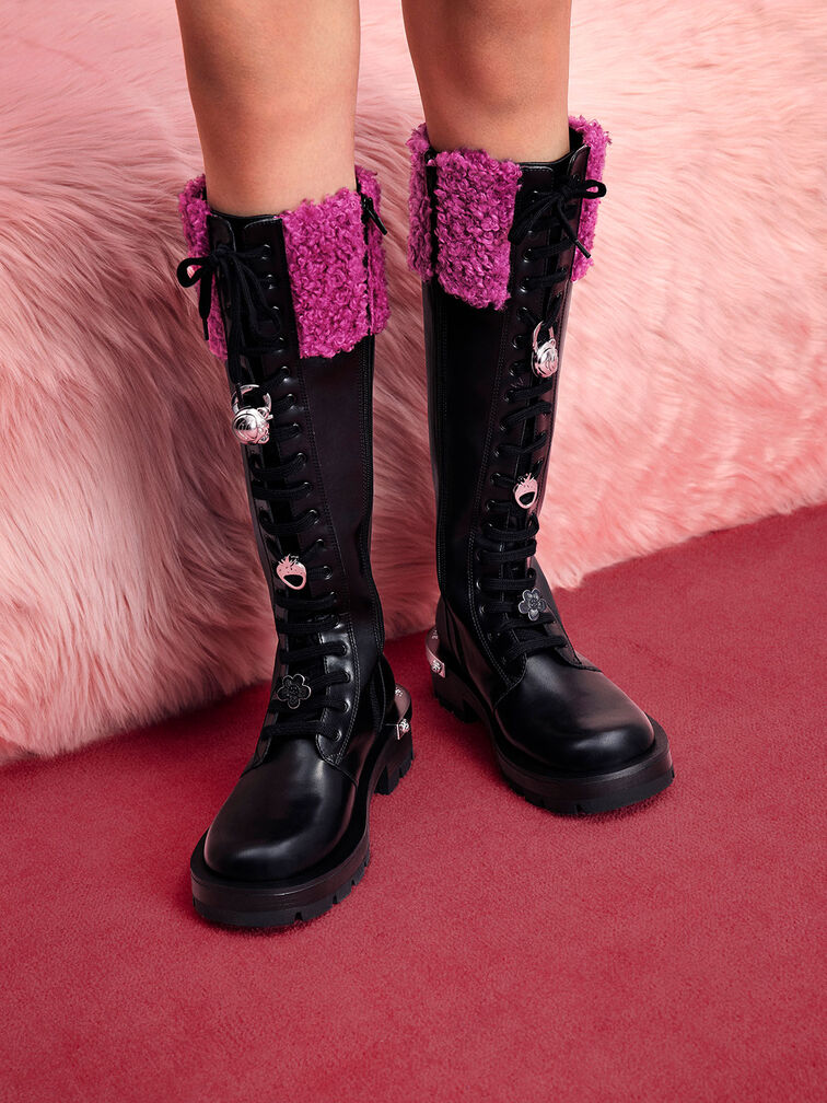 Lotso Furry Knee-High Combat Boots, Black Textured, hi-res