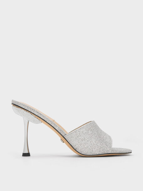 Demi Glittered Metallic Heel Mules, Silver, hi-res