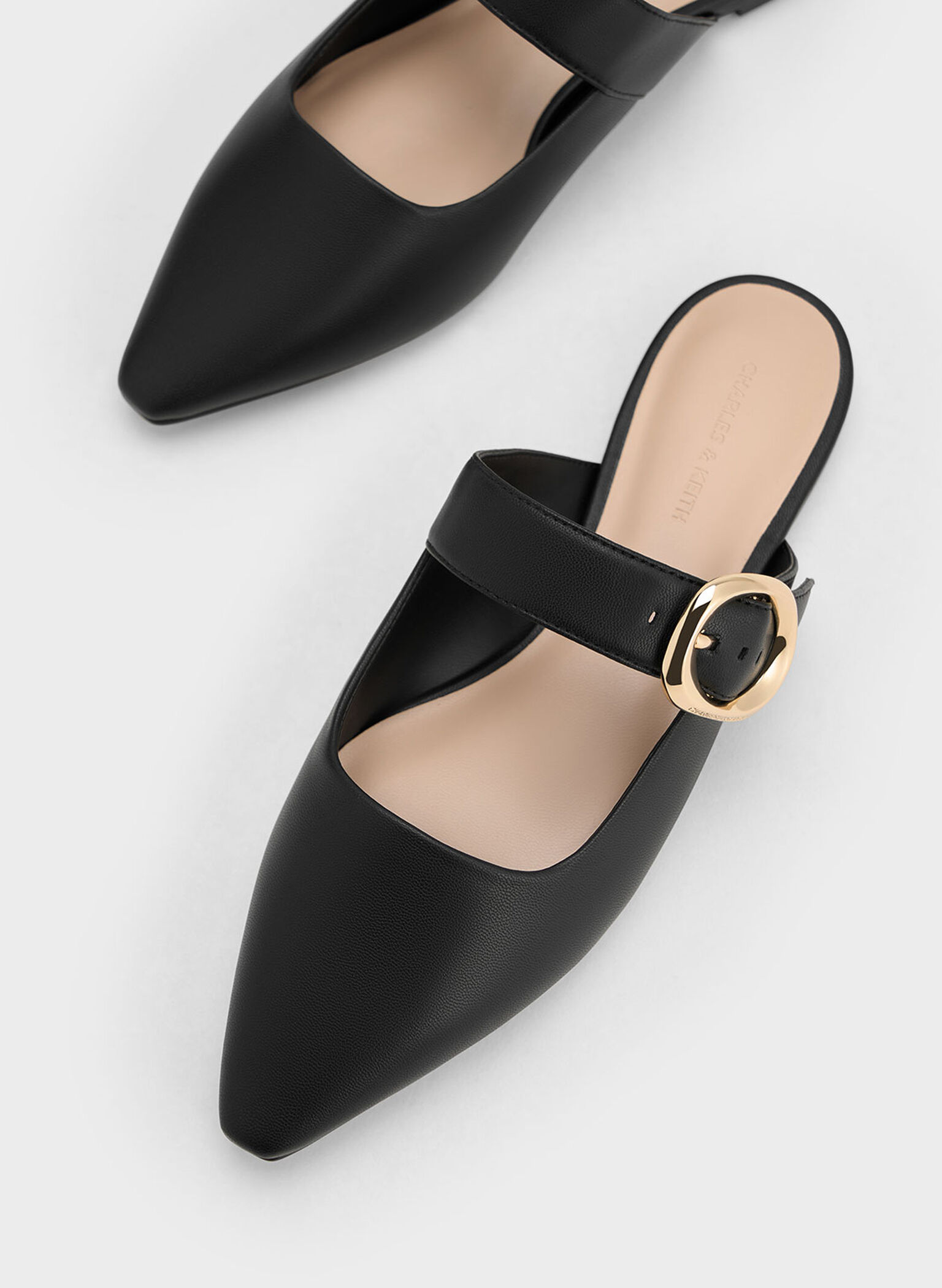 Buckle-Strap Flat Mules, Black, hi-res