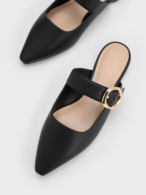 Buckle-Strap Flat Mules, Black, hi-res